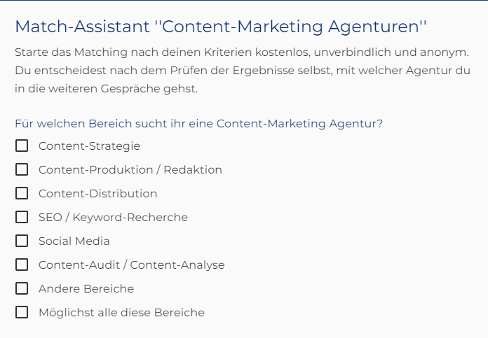Match-Assistant Content Marketing Agentur finden